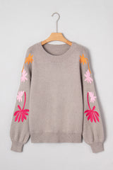 Beige Embroidered Floral Sleeve Round Neck Loose Sweater