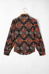 Black Floral Print Collared Button Up Puff Sleeve Shirt