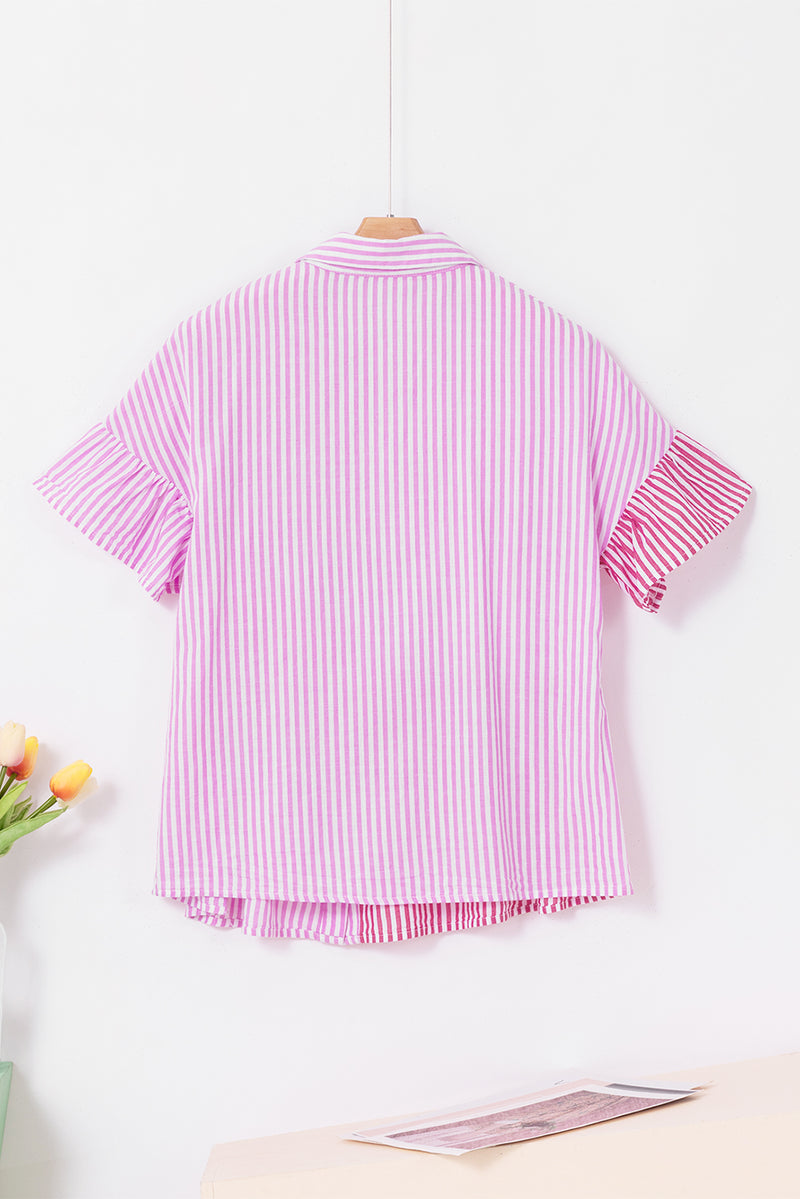 Pink Striped Patchwork Ruffle Button Up Shirt