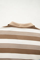 Khaki Striped Zipper Collar Pullover Sweatshirt