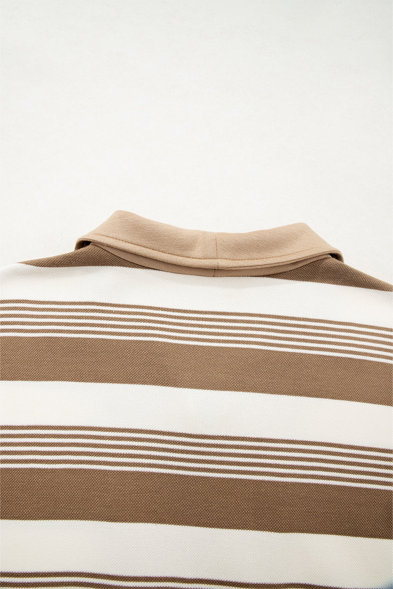 Khaki Striped Zipper Collar Pullover Sweatshirt