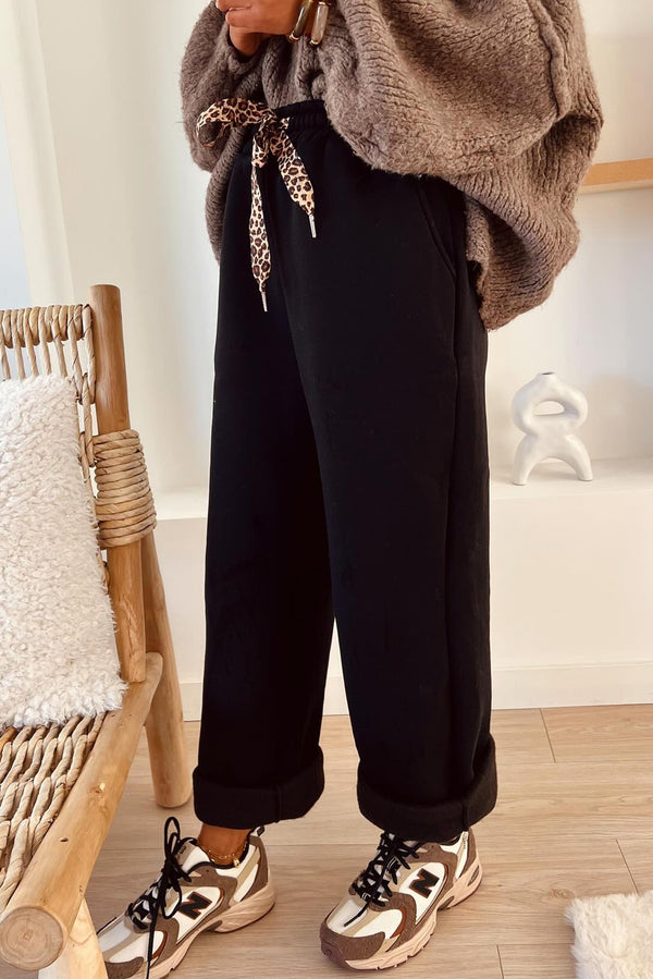 Black Leopard Drawstring Winter Fleece Pants