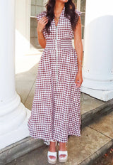 Coffee Plaid Print Full Zipper Cinched Waist Fit Flare Sleeveless Maxi Dress