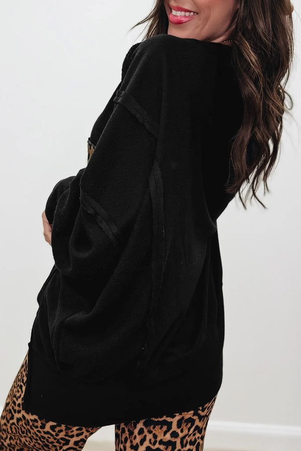 Black Oversized Leopard LOVE Letter Graphic Round Neck Sweatshirt