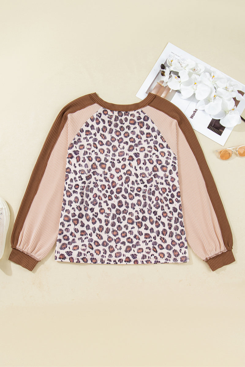 Parchment Leopard Colorblock Patchwork Twist Ribbed Plus Size Baggy Pullover
