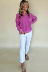 Bright Pink Notched Neck Exposed Seam Drop Shoulder Sweatshirt