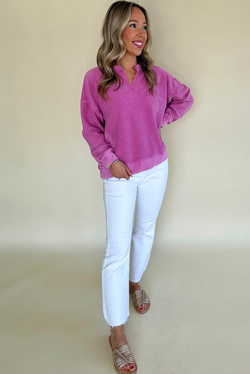 Bright Pink Notched Neck Exposed Seam Drop Shoulder Sweatshirt
