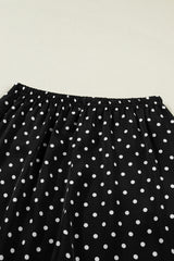 Black Polka Dot Print Elastic Waist Lace Hem Loose Pants