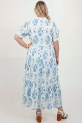 Sky Blue Plus Size Geometric Floral Print Button Split Neck Short Sleeve Maxi Dress
