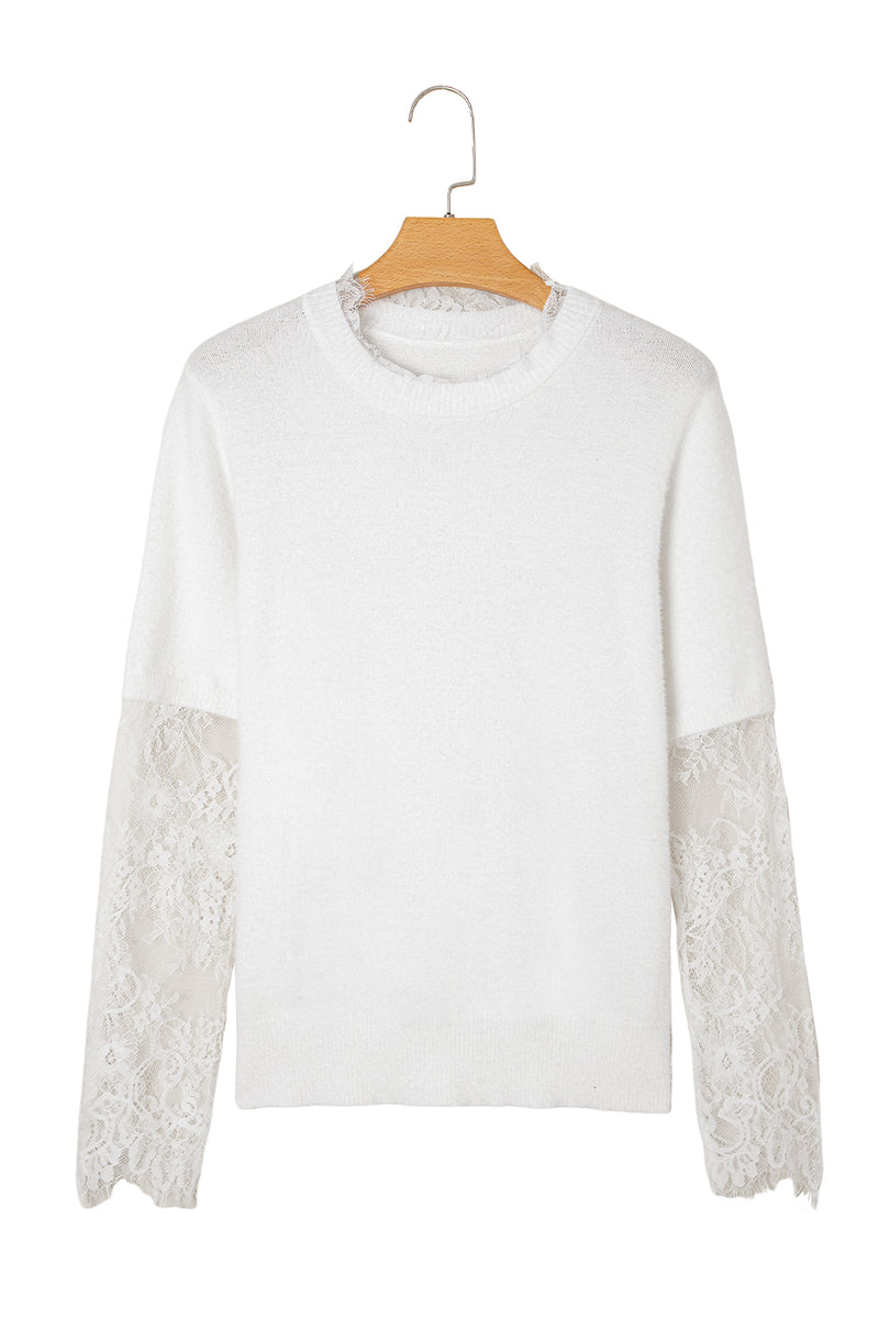 Beige Lace Sleeve Patchwork Faux Two-piece Fuzzy Sweater