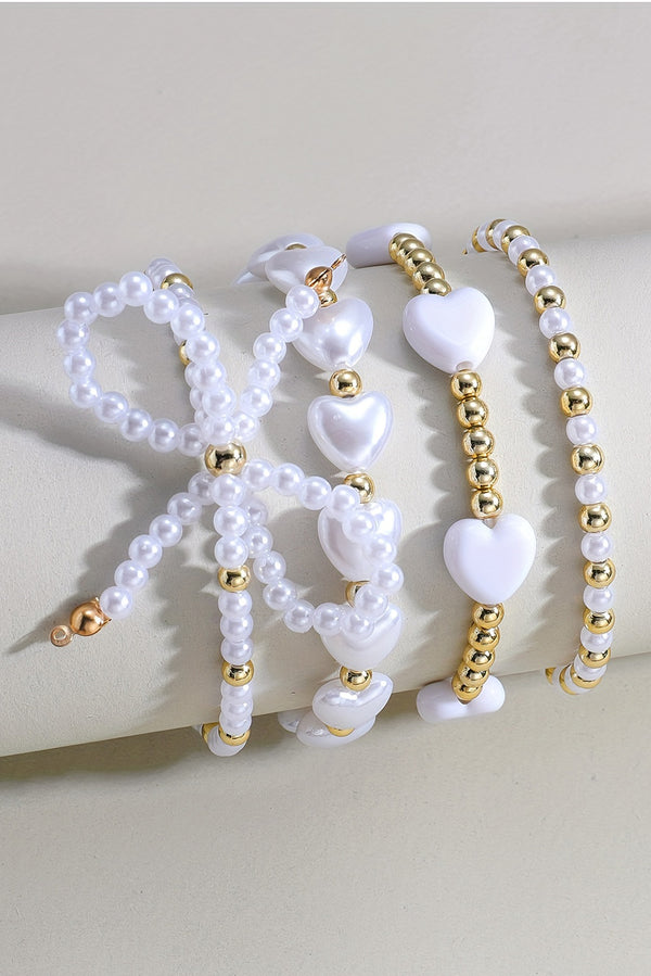 White Bowknot Heart Pearl Beaded Bracelet Set