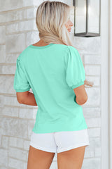 Turquoise Solid Color V Neck Short Puff Sleeve Blouse