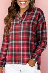 Red Plaid Print Collared V Neck Loose Blouse with Side Slits