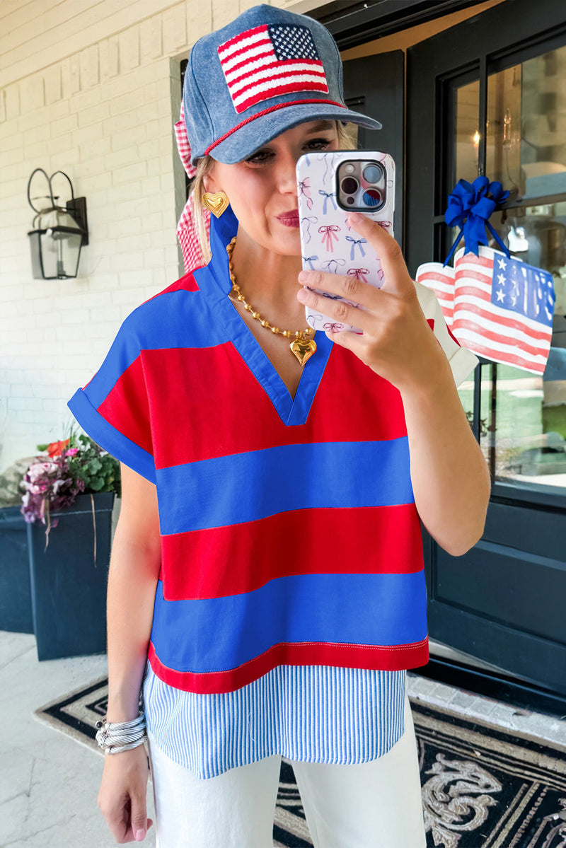 Red Stripe Colorblock Patchwork Short Sleeve Collar Top