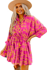 Green Floral Print Drawstring Flowy Short Dress