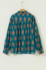 Green Plus Size Floral Print Contrast Lacy Trim Pleated Loose Shirt