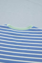Sky Blue Stripe Contrast Trim Loose Short Sleeve Top