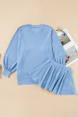 Mist Green Corded Bishop Sleeve Pullover and Ruffle Mini Skirt Set