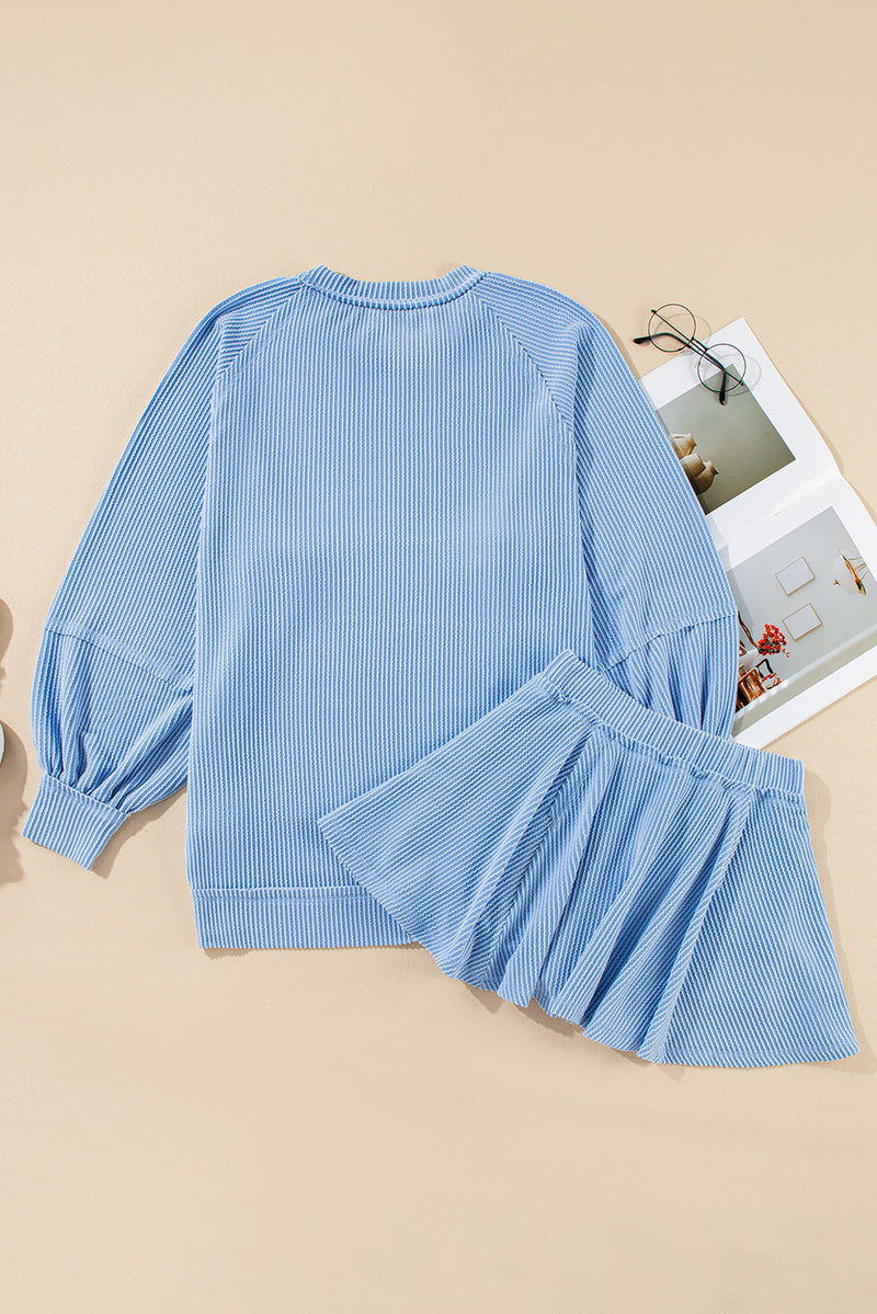 Mist Green Corded Bishop Sleeve Pullover and Ruffle Mini Skirt Set
