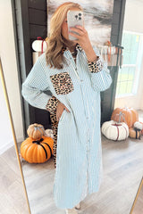 Sky Blue Stripe Contrast Leopard Patchwork Long Shirt Dress with Slits