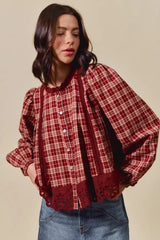 Red Dahlia Plaid Lace Hem Button Down Shirt