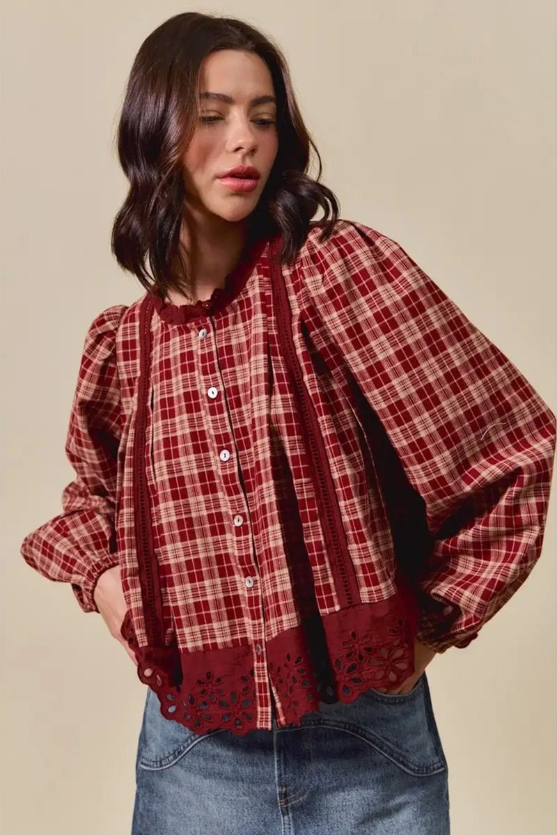 Red Dahlia Plaid Lace Hem Button Down Shirt