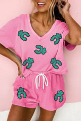 Bonbon Sequin Turquoise Pattern V Neck Tee and Drawstring Shorts Set