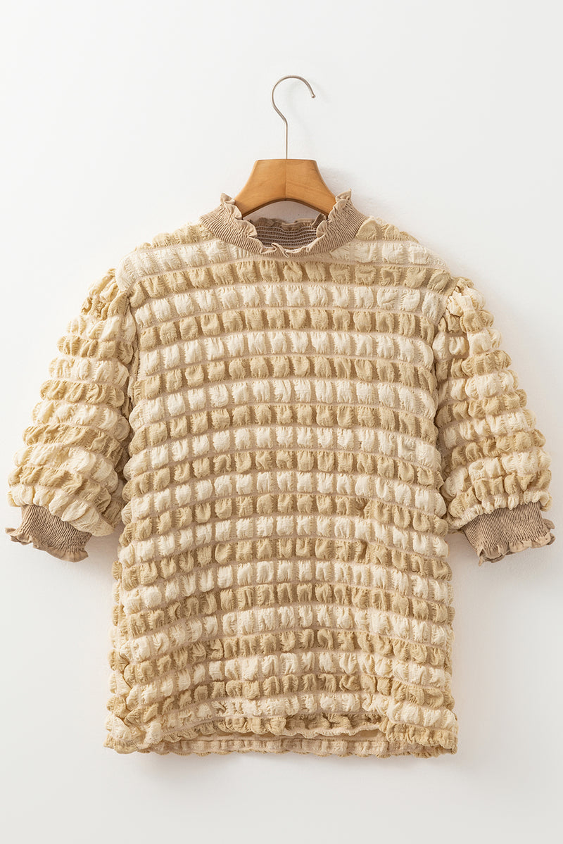 Beige Textured Frill Trim Smocked Puff Sleeve T Shirt