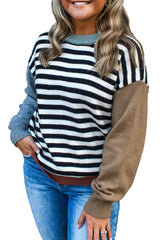 Black Striped Colorblock Patchwork Long Sleeve Sweater