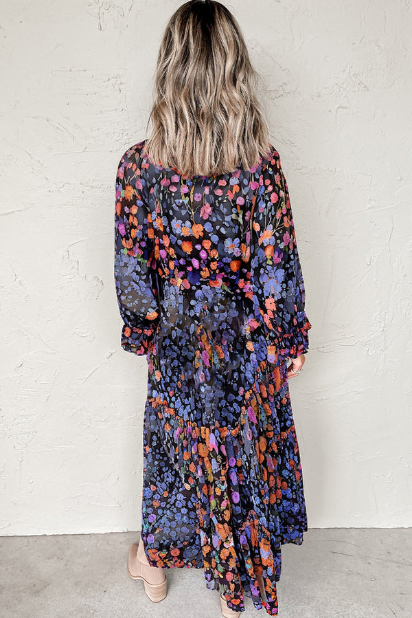 Blue Floral Print Tassel Tie V Neck Long Sleeve Flowy Maxi Dress