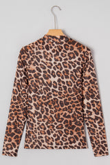 Brown Leopard Mock Neck Long Sleeve Mesh Top