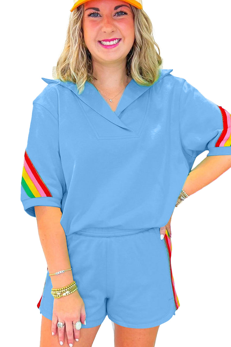 Sky Blue Rainbow Striped Collared Short Sleeve Top and Shorts Set