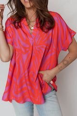 Multicolour Abstract Print V Neck Cuffed Short Sleeve Shift Slit Blouse
