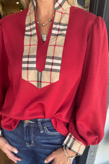 Racing Red Plaid Patchwork V Neck Bubble Sleeve Top