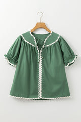 Mist Green V Neck Tie Detail Ricrac Blouse