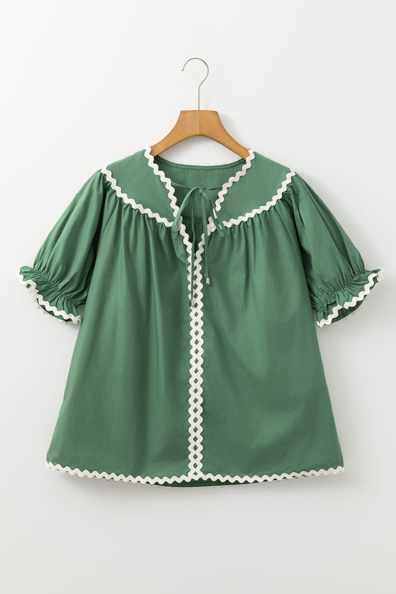 Mist Green V Neck Tie Detail Ricrac Blouse