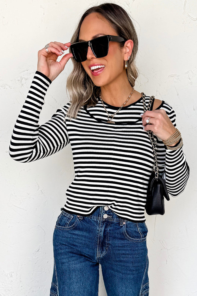 Black Striped Cutout Long Sleeve Top