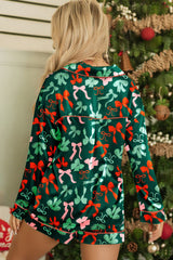 Green Christmas Bow Print Long Sleeve Shirt Pajama Set