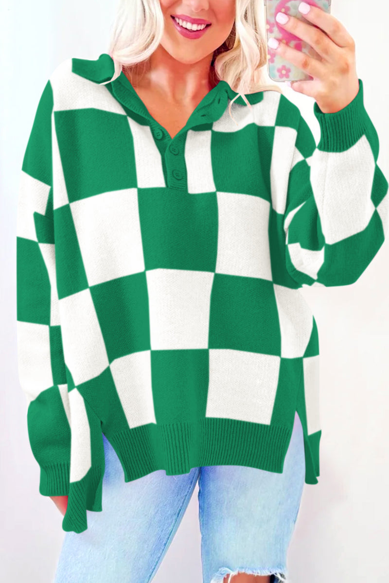 Sky Blue Checkered Button Collared Sweater