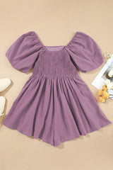Jungle Green Square Neck Ruched Puff Sleeve Romper
