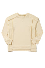 Beige Plain Exposed Seam Round Neck Pullover Sweatshirt