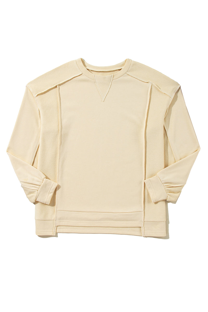 Beige Plain Exposed Seam Round Neck Pullover Sweatshirt