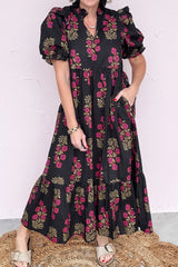 Black Floral Short Bubble Sleeve Tiered Maxi Dress