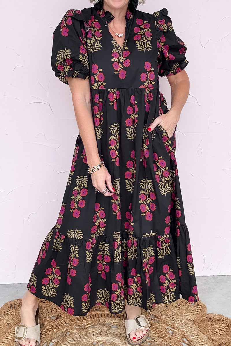 Black Floral Short Bubble Sleeve Tiered Maxi Dress
