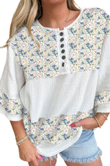 Sky Blue Floral Print Crinkle Patchwork Henley Blouse