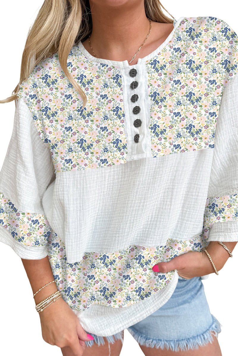 Sky Blue Floral Print Crinkle Patchwork Henley Blouse