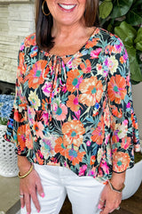 Black Floral 3/4 Flare Sleeve Tied V Neck Blouse