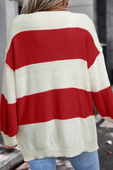 Green Stripe Colorblock V Neck Side Slits Sweater