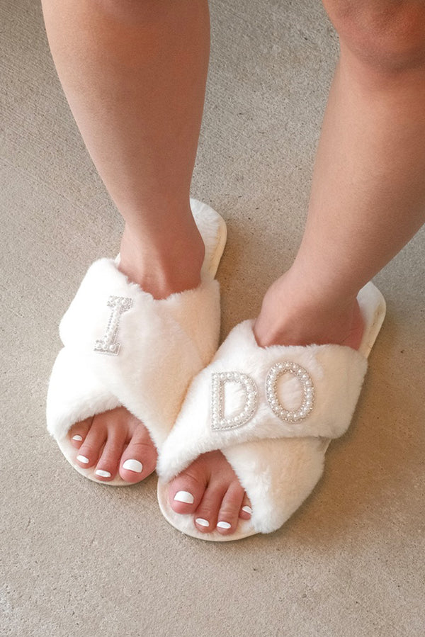 White I DO Pearl Cross Band Fuzzy Slippers