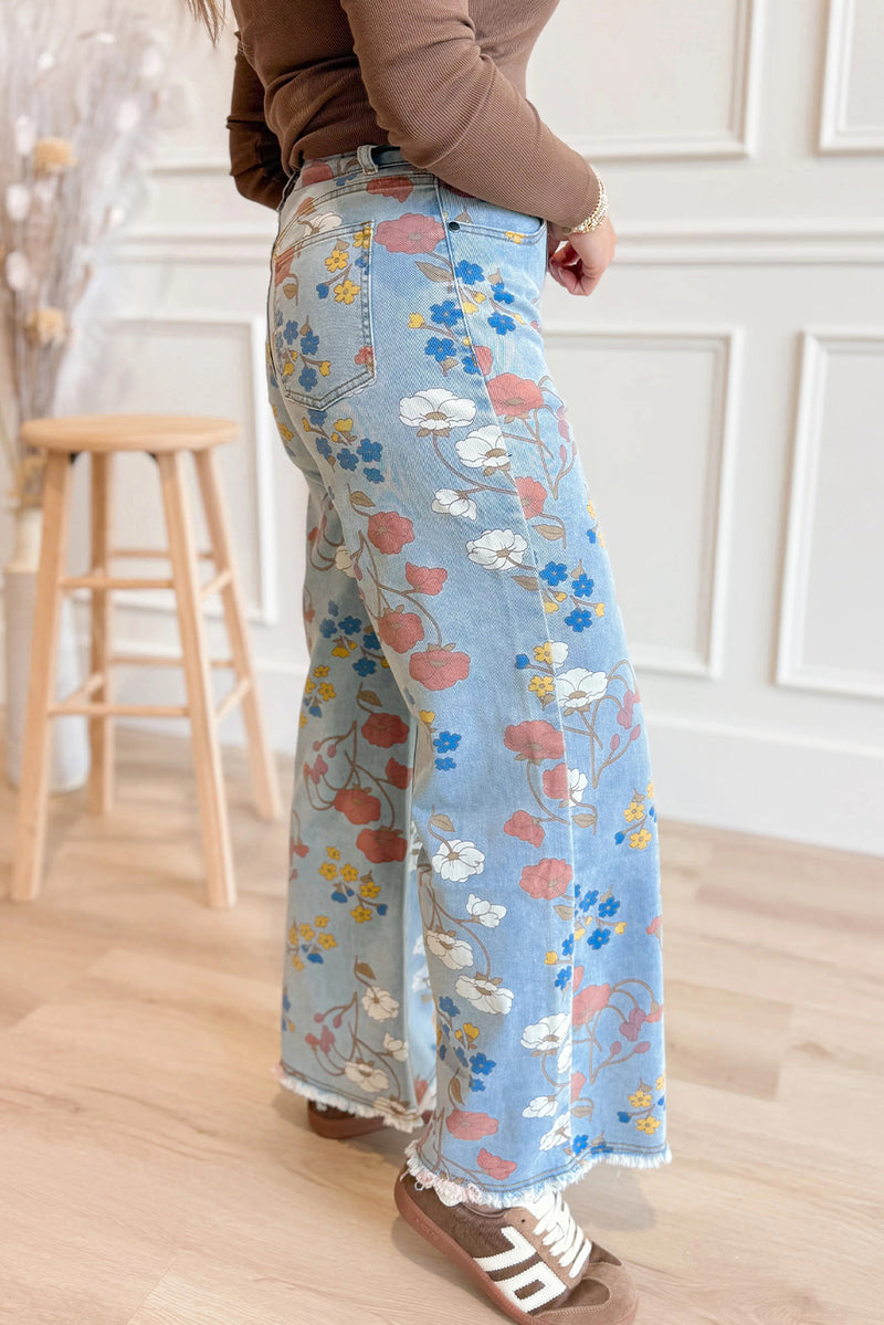 Sky Blue Floral Printed Raw Hem Shift Jeans